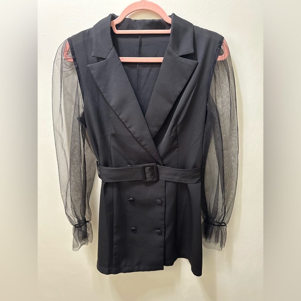 Black Blazer Dress with Sheer Sleeves